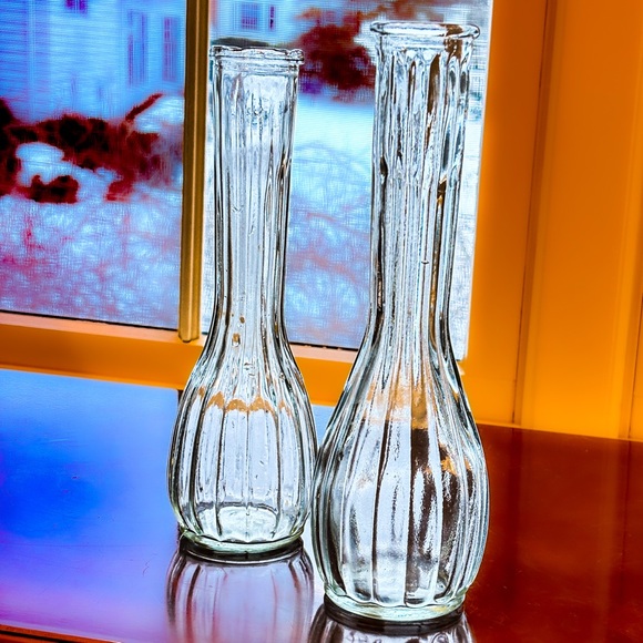 Vintage European Pressed Glass Bud Vase Set Art Deco Ribbed Clear Glass - Picture 9 of 12